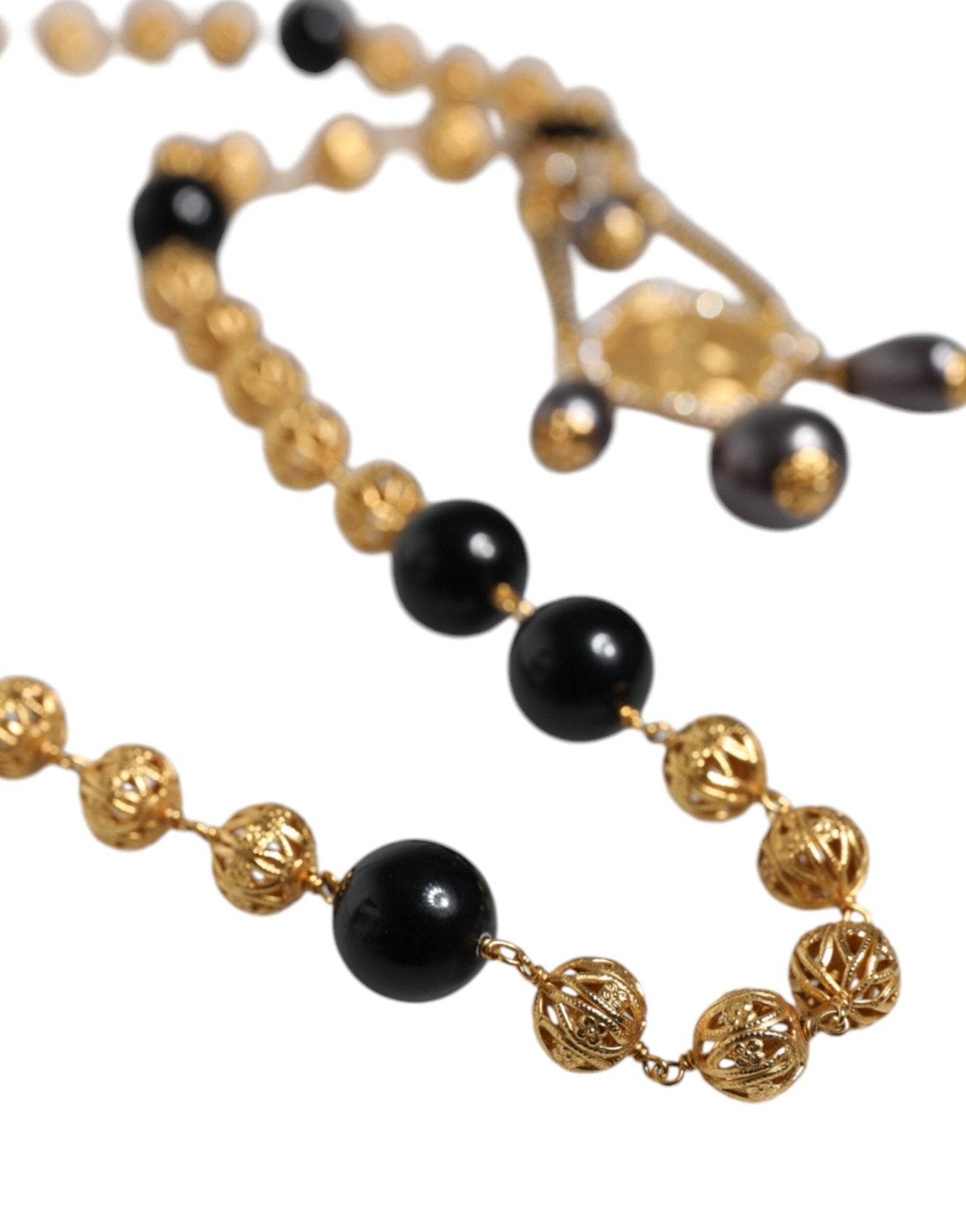 Dolce & Gabbana Gold Chain Brass Black Beaded Rosary Style Necklace - Sandy Store ByNet