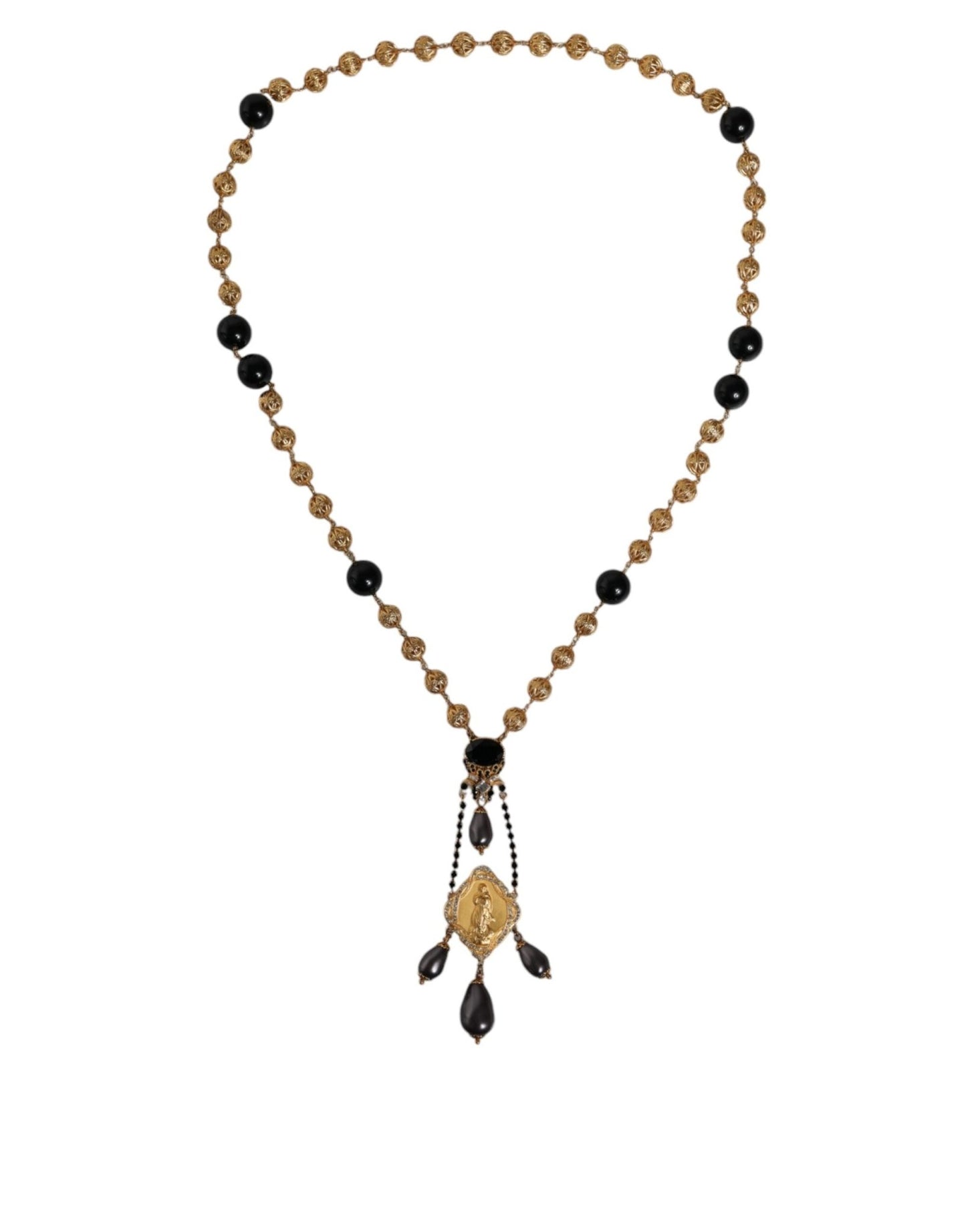 Dolce & Gabbana Gold Chain Brass Black Beaded Rosary Style Necklace - Sandy Store ByNet