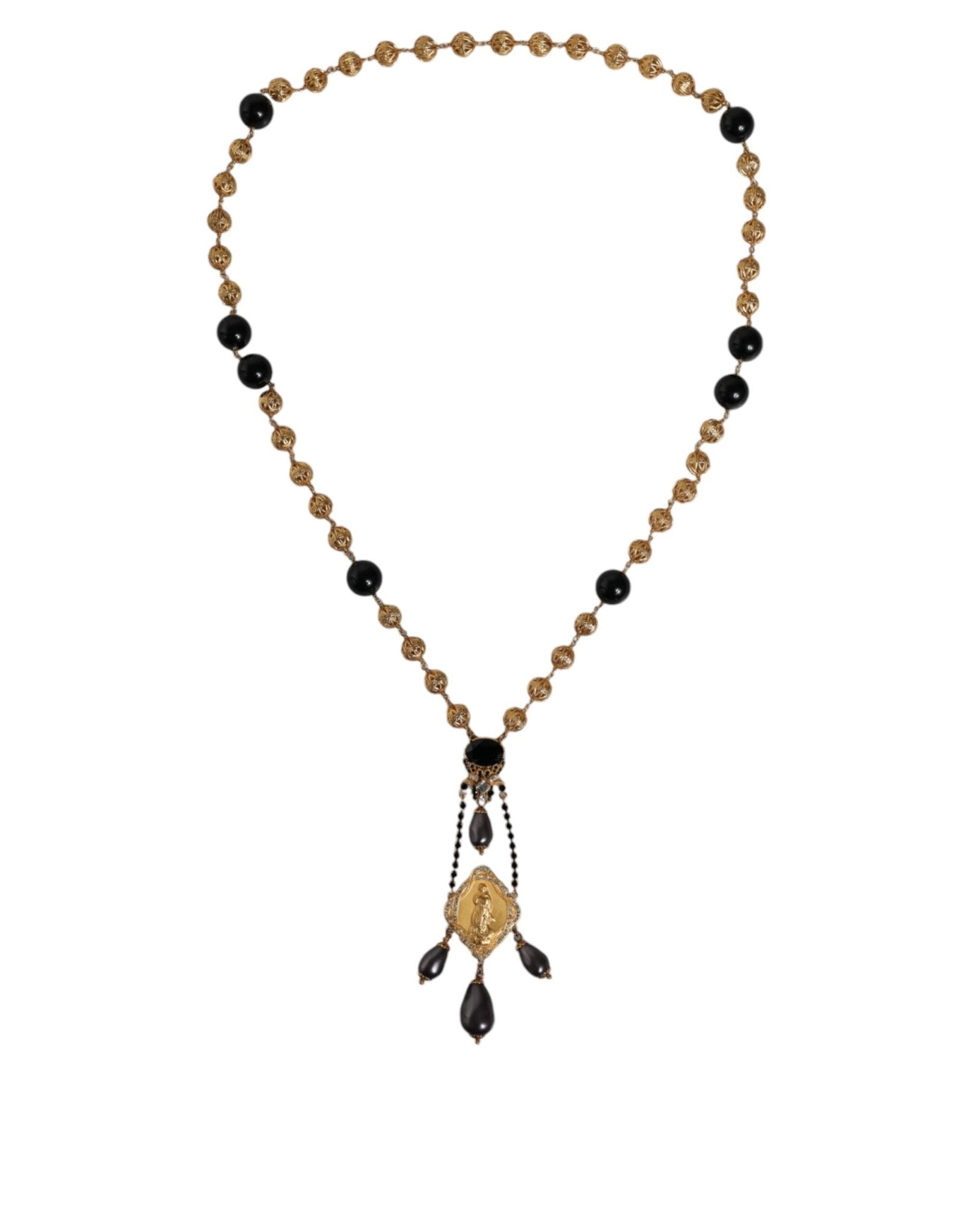 Dolce & Gabbana Gold Chain Brass Black Beaded Rosary Style Necklace - Sandy Store ByNet