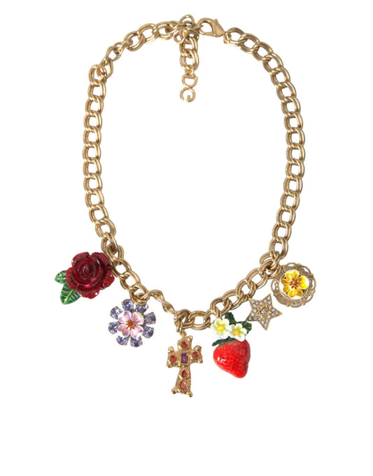 Dolce & Gabbana Gold Chain Rose Cross Strawberry Star Pendant Necklace - Sandy Store ByNet