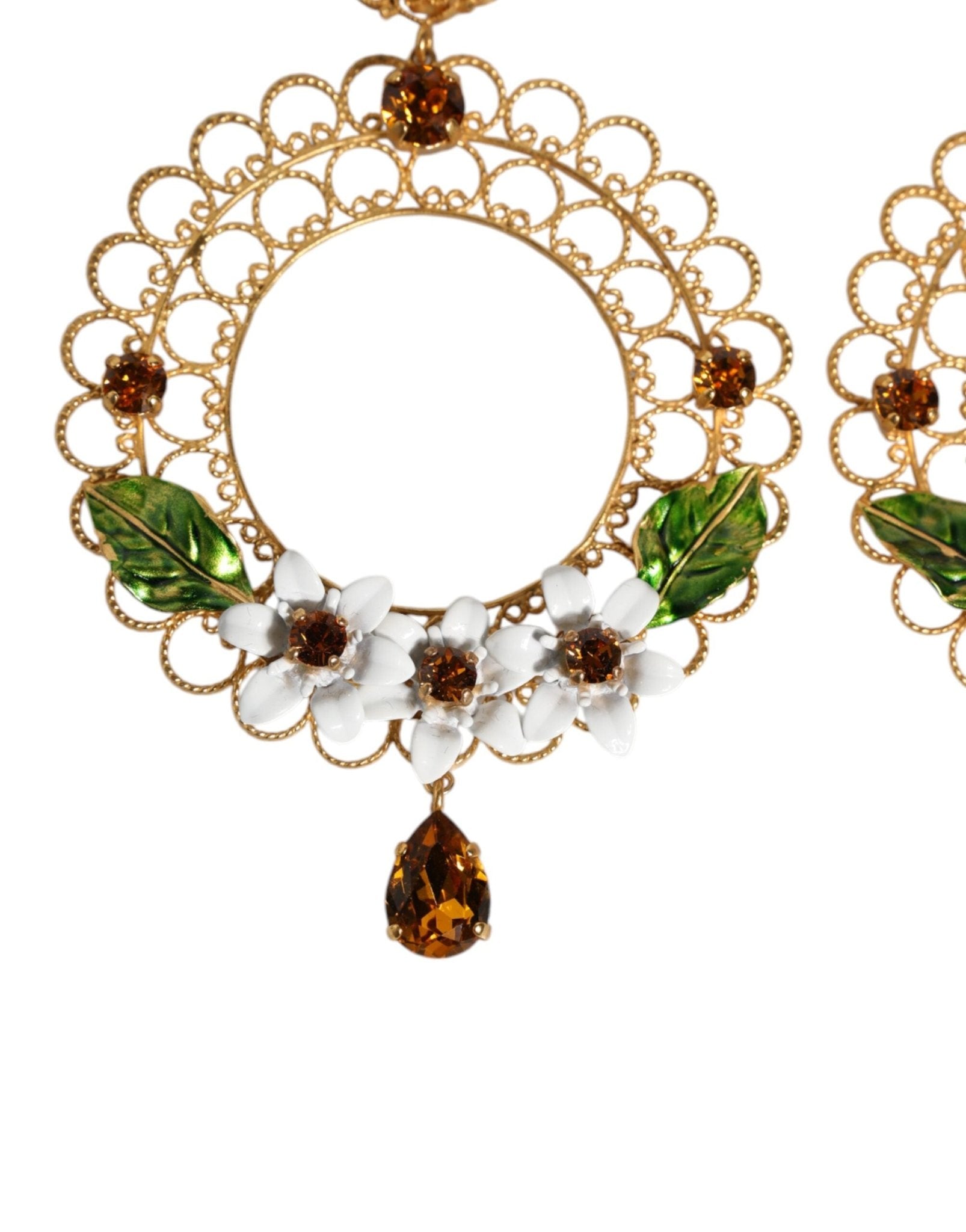 Dolce & Gabbana Gold Floral Filigree Hoop Enamel Amber Crystals Earrings - Sandy Store ByNet