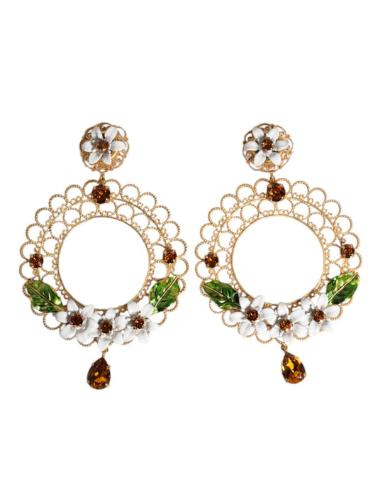 Dolce & Gabbana Gold Floral Filigree Hoop Enamel Amber Crystals Earrings - Sandy Store ByNet