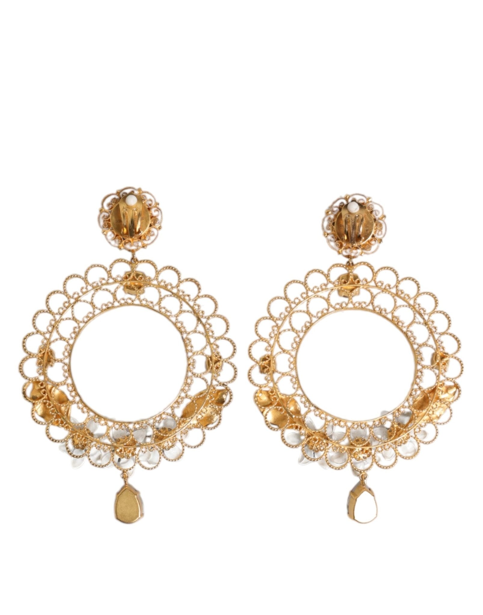 Dolce & Gabbana Gold Floral Filigree Hoop Enamel Amber Crystals Earrings - Sandy Store ByNet