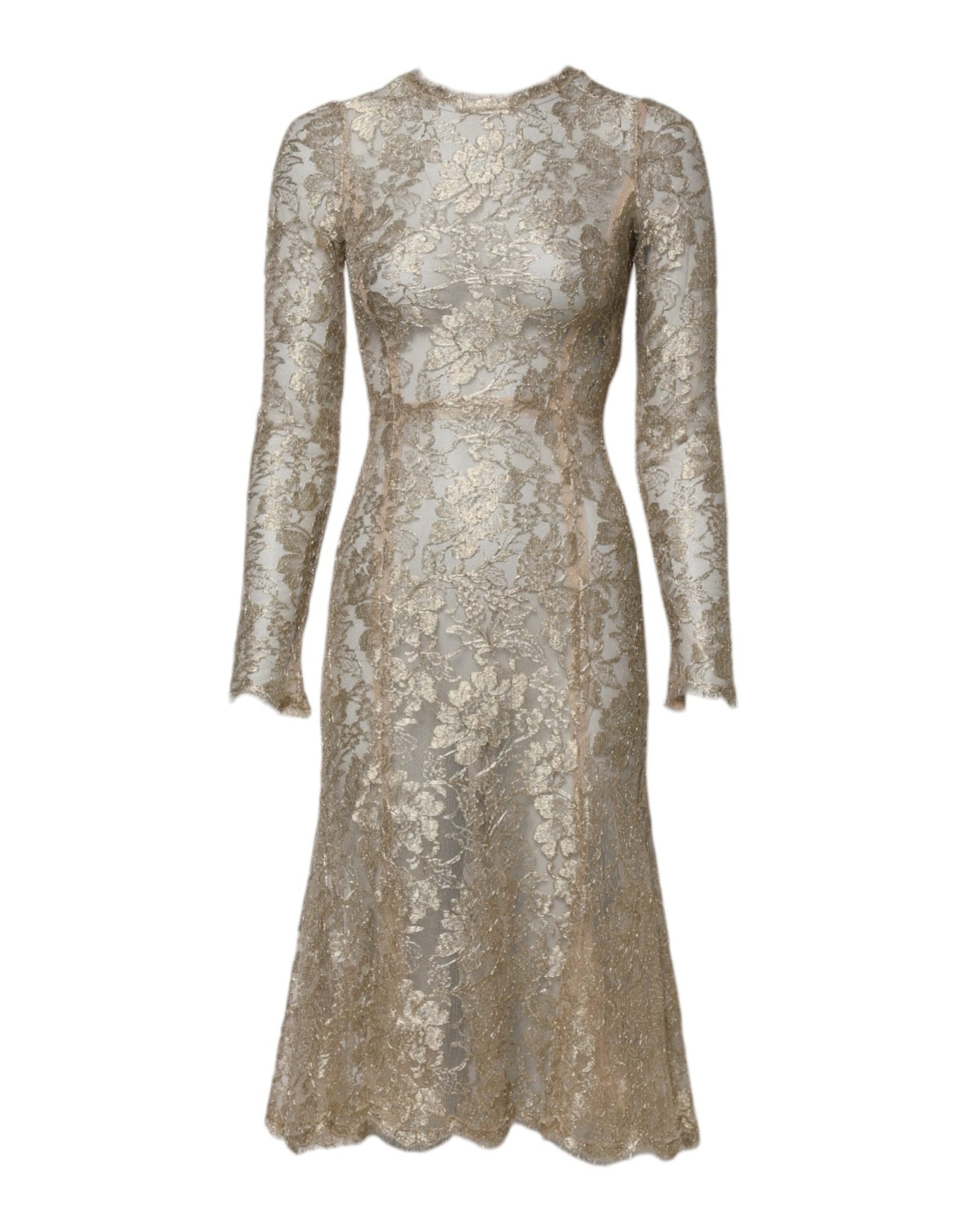 Dolce & Gabbana Gold Floral Lace Long Sleeves Fit & Flare Dress – IT36|XXS par Dolce & Gabbana | Disponible sur Sandy Store ByNet
