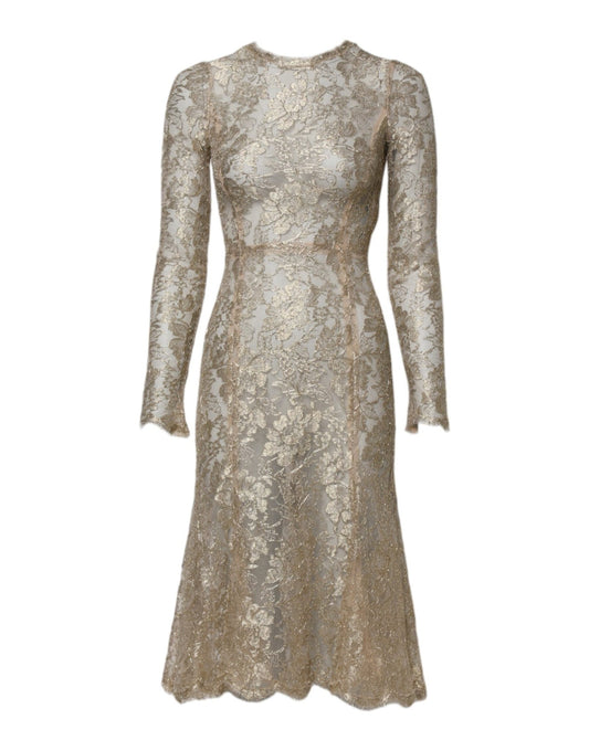 Dolce & Gabbana Gold Floral Lace Long Sleeves Fit & Flare Dress – IT36|XXS par Dolce & Gabbana | Disponible sur Sandy Store ByNet
