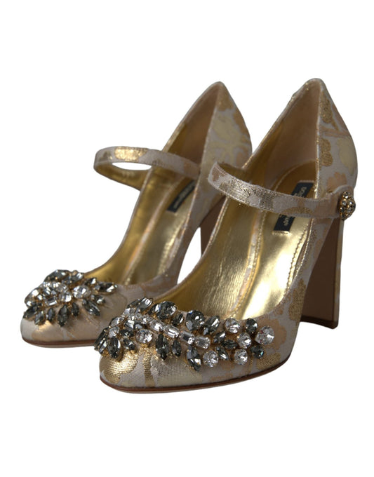 Dolce & Gabbana Gold Jacquard Crystal Mary Janes Pumps Shoes - Sandy Store ByNet