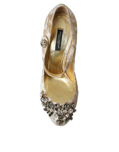 Dolce & Gabbana Gold Jacquard Crystal Mary Janes Pumps Shoes - Sandy Store ByNet