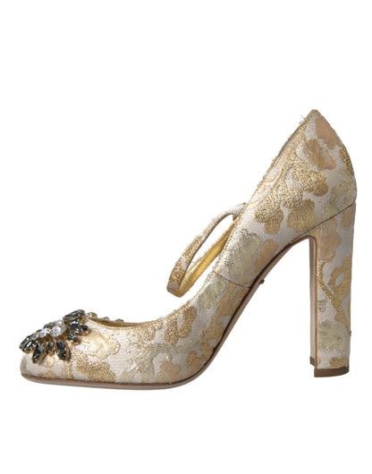 Dolce & Gabbana Gold Jacquard Crystal Mary Janes Pumps Shoes - Sandy Store ByNet