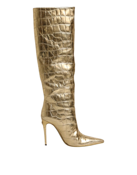Dolce & Gabbana Gold Leather Stiletto Heels High Boots Shoes - Sandy Store ByNet