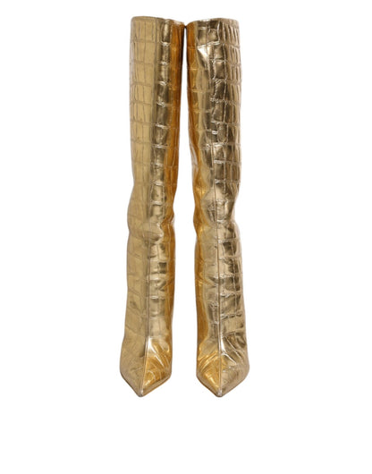 Dolce & Gabbana Gold Leather Stiletto Heels High Boots Shoes - Sandy Store ByNet