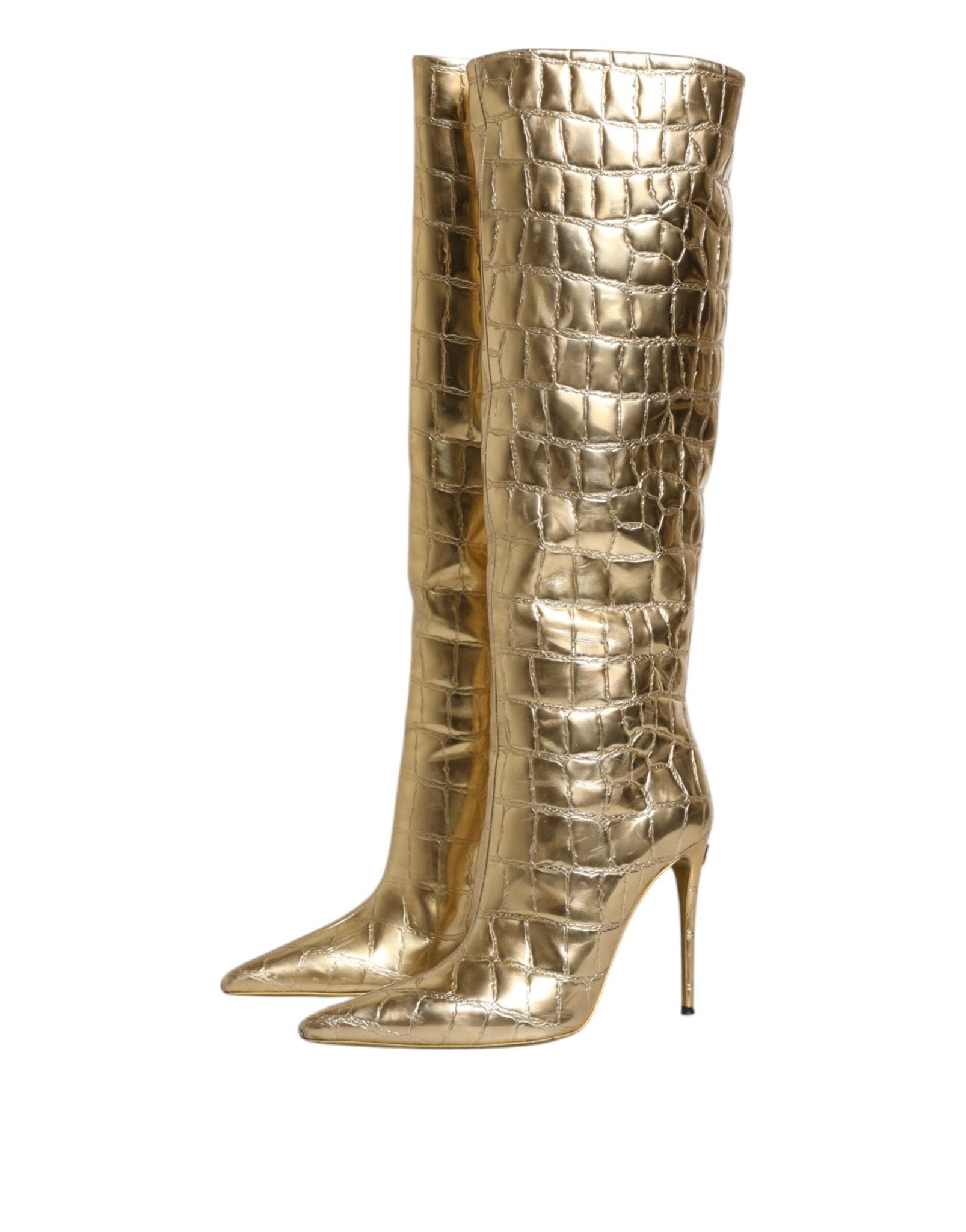 Dolce & Gabbana Gold Leather Stiletto Heels High Boots Shoes - Sandy Store ByNet
