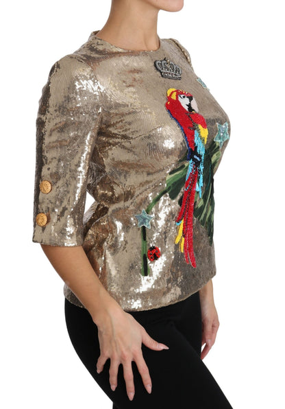 Dolce & Gabbana Gold Parrot Motif Crewneck Blouse with Crystals - Sandy Store ByNet