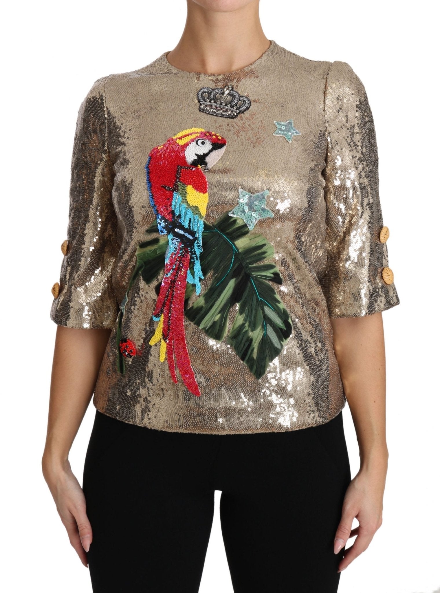 Dolce & Gabbana Gold Parrot Motif Crewneck Blouse with Crystals - Sandy Store ByNet