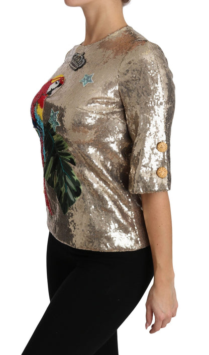 Dolce & Gabbana Gold Parrot Motif Crewneck Blouse with Crystals - Sandy Store ByNet