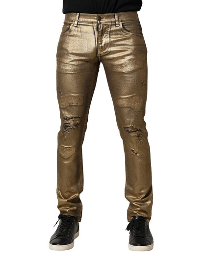 Dolce & Gabbana Gold Tattered Cotton Stretch Slim Denim Jeans – IT48 | M par Dolce & Gabbana | Disponible sur Sandy Store ByNet
