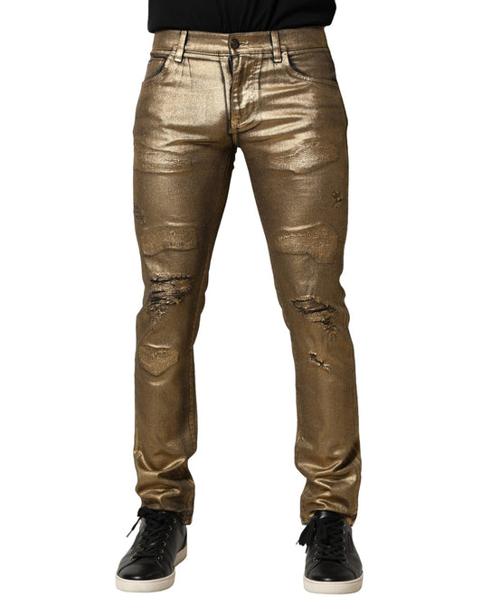 Dolce & Gabbana Gold Tattered Cotton Stretch Slim Denim Jeans – IT48 | M par Dolce & Gabbana | Disponible sur Sandy Store ByNet