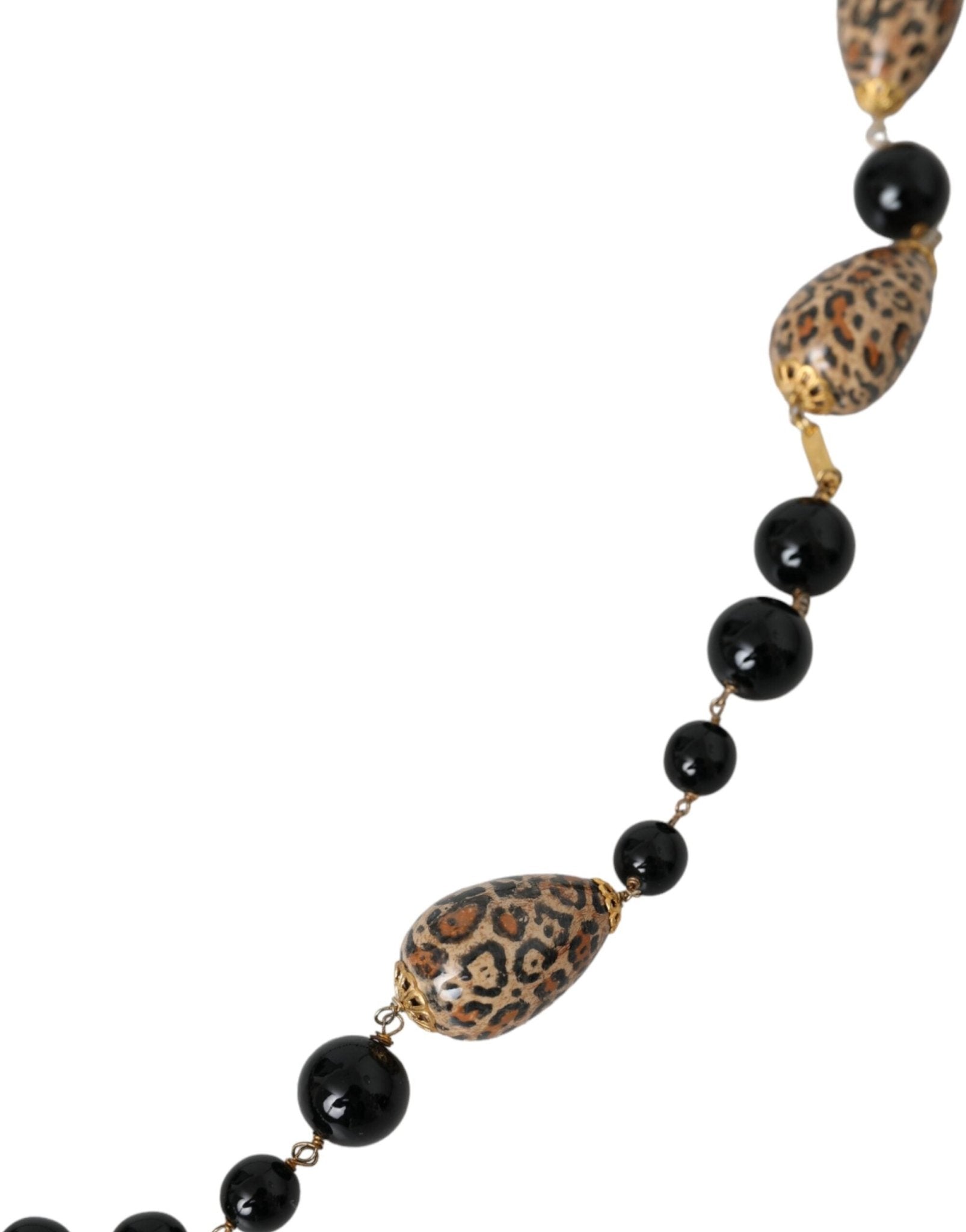 Dolce & Gabbana Gold Tone Brass Black Printed Beaded Long Chain Necklace - Sandy Store ByNet