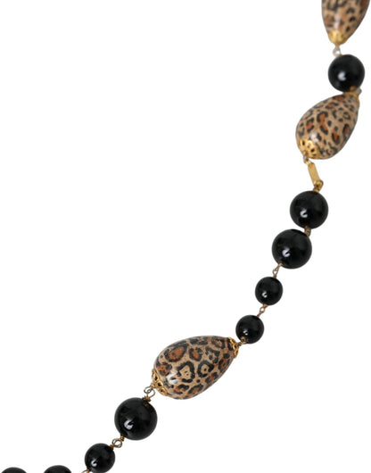 Dolce & Gabbana Gold Tone Brass Black Printed Beaded Long Chain Necklace - Sandy Store ByNet