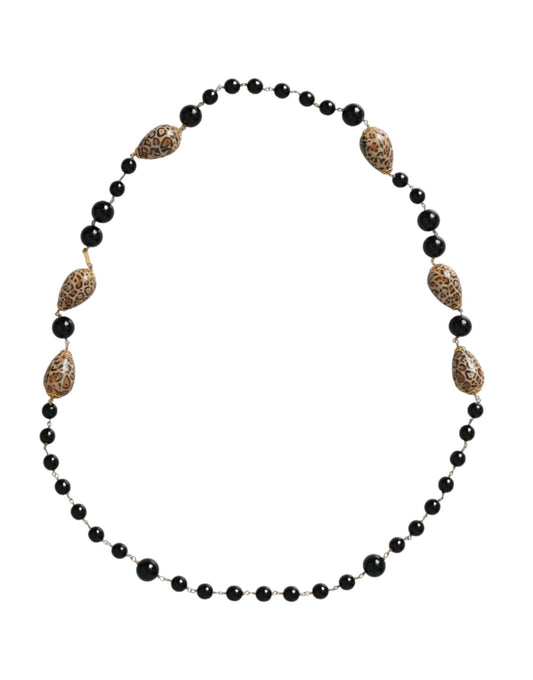 Dolce & Gabbana Gold Tone Brass Black Printed Beaded Long Chain Necklace - Sandy Store ByNet