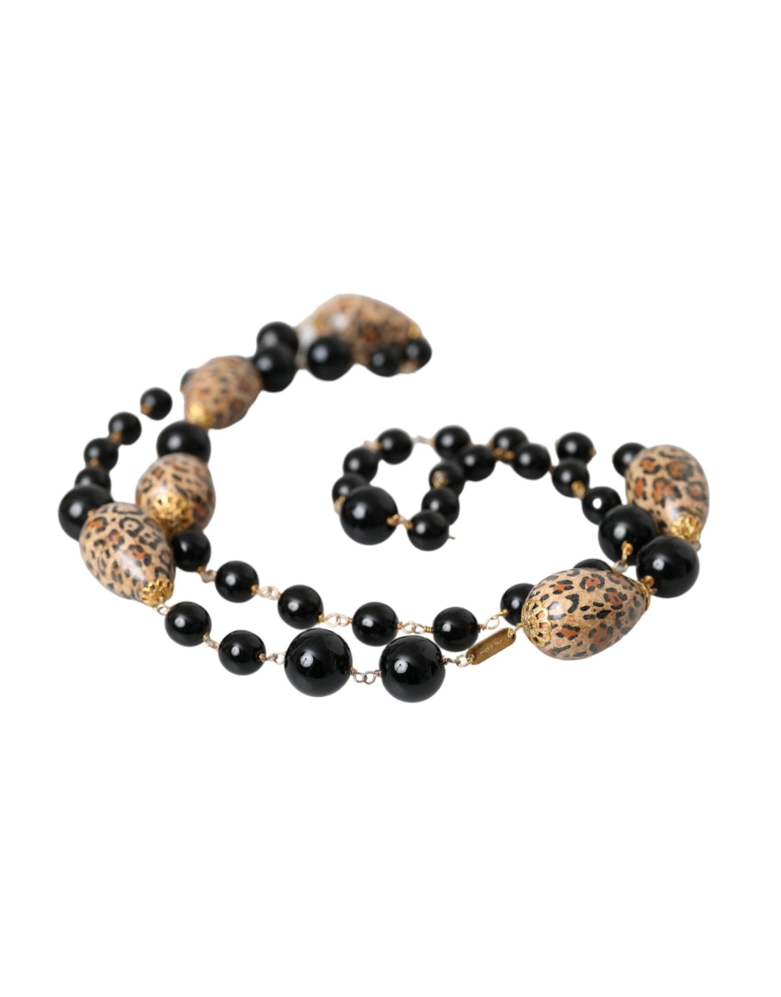 Dolce & Gabbana Gold Tone Brass Black Printed Beaded Long Chain Necklace - Sandy Store ByNet