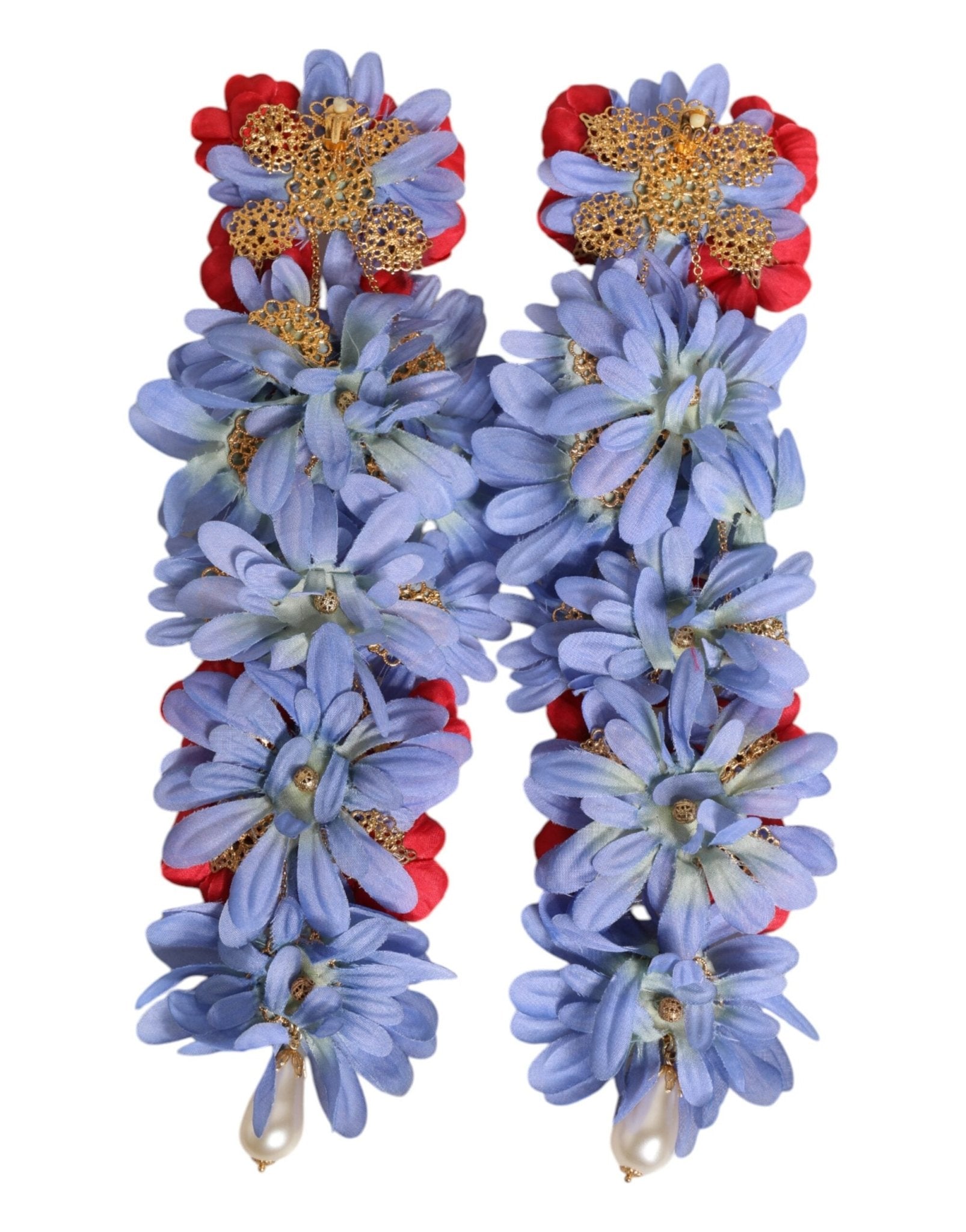 Dolce & Gabbana Gold Tone Brass Floral Crystal Clip On Dangling Earrings - Sandy Store ByNet