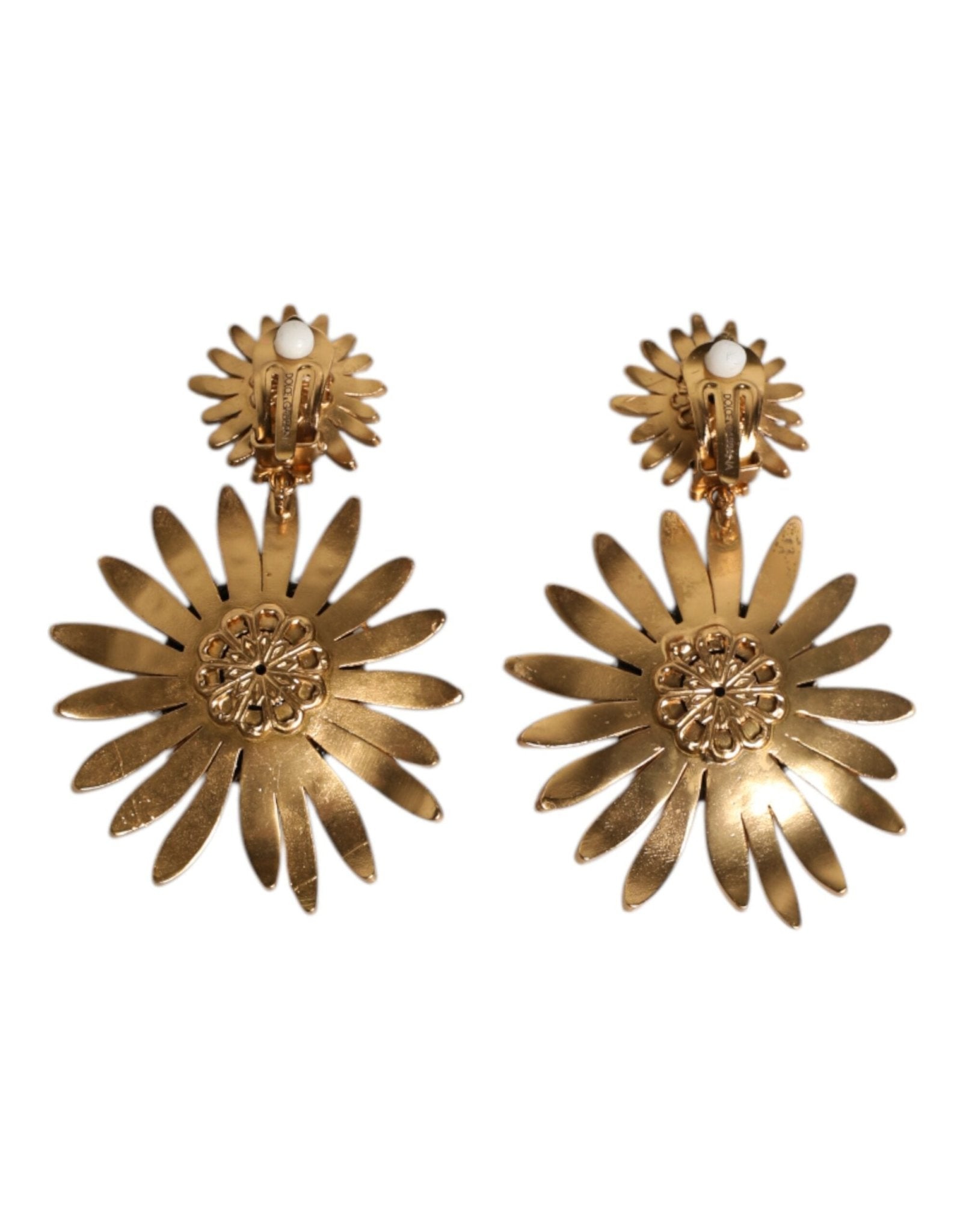Dolce & Gabbana Gold Tone Brass Sunflower Crystal Clip Dangling Earrings - Sandy Store ByNet