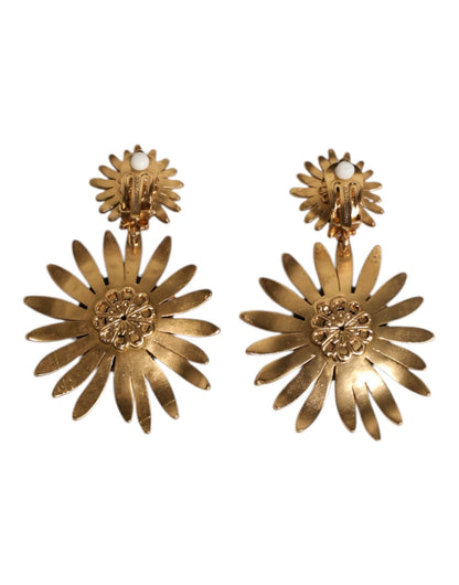 Dolce & Gabbana Gold Tone Brass Sunflower Crystal Clip Dangling Earrings - Sandy Store ByNet