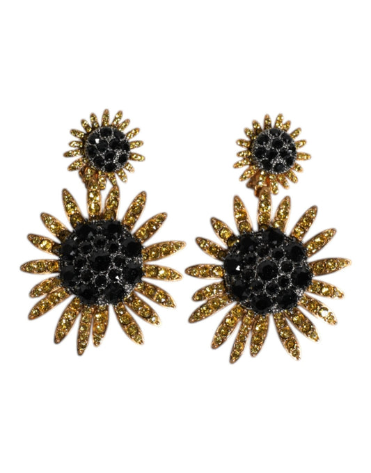 Dolce & Gabbana Gold Tone Brass Sunflower Crystal Clip Dangling Earrings - Sandy Store ByNet