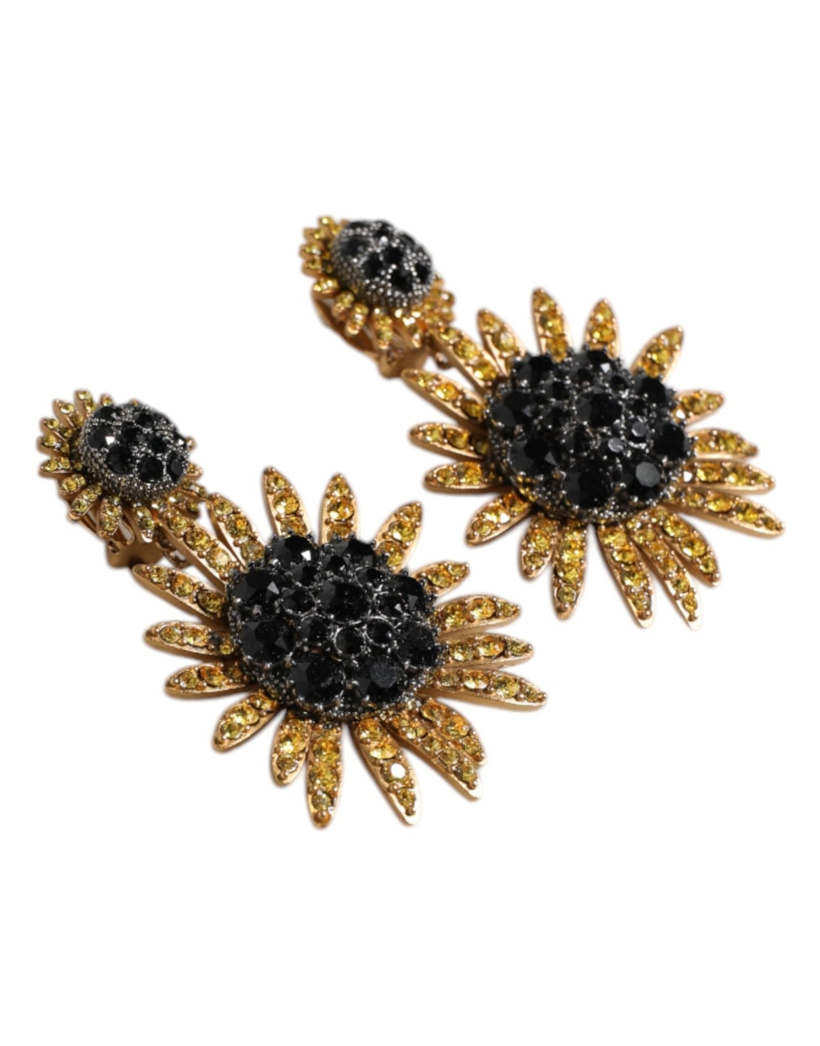 Dolce & Gabbana Gold Tone Brass Sunflower Crystal Clip Dangling Earrings - Sandy Store ByNet