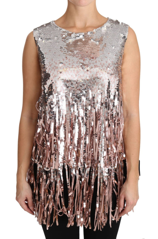 Dolce & Gabbana Golden Pink Sequined Fringe Elegance Top - Sandy Store ByNet