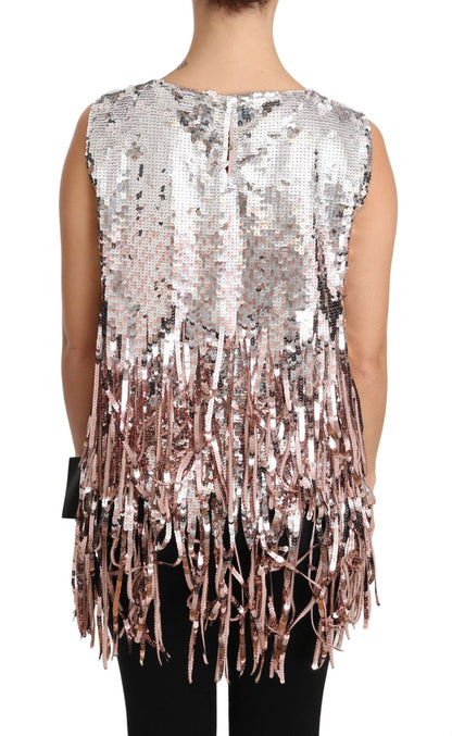 Dolce & Gabbana Golden Pink Sequined Fringe Elegance Top - Sandy Store ByNet