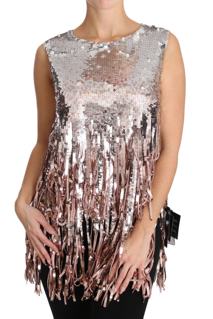 Dolce & Gabbana Golden Pink Sequined Fringe Elegance Top - Sandy Store ByNet