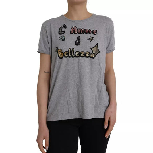 Dolce & Gabbana Gray Cotton L'Amore E'Bellezza Top T-shirt – IT38 | XS par Dolce & Gabbana | Disponible sur Sandy Store ByNet