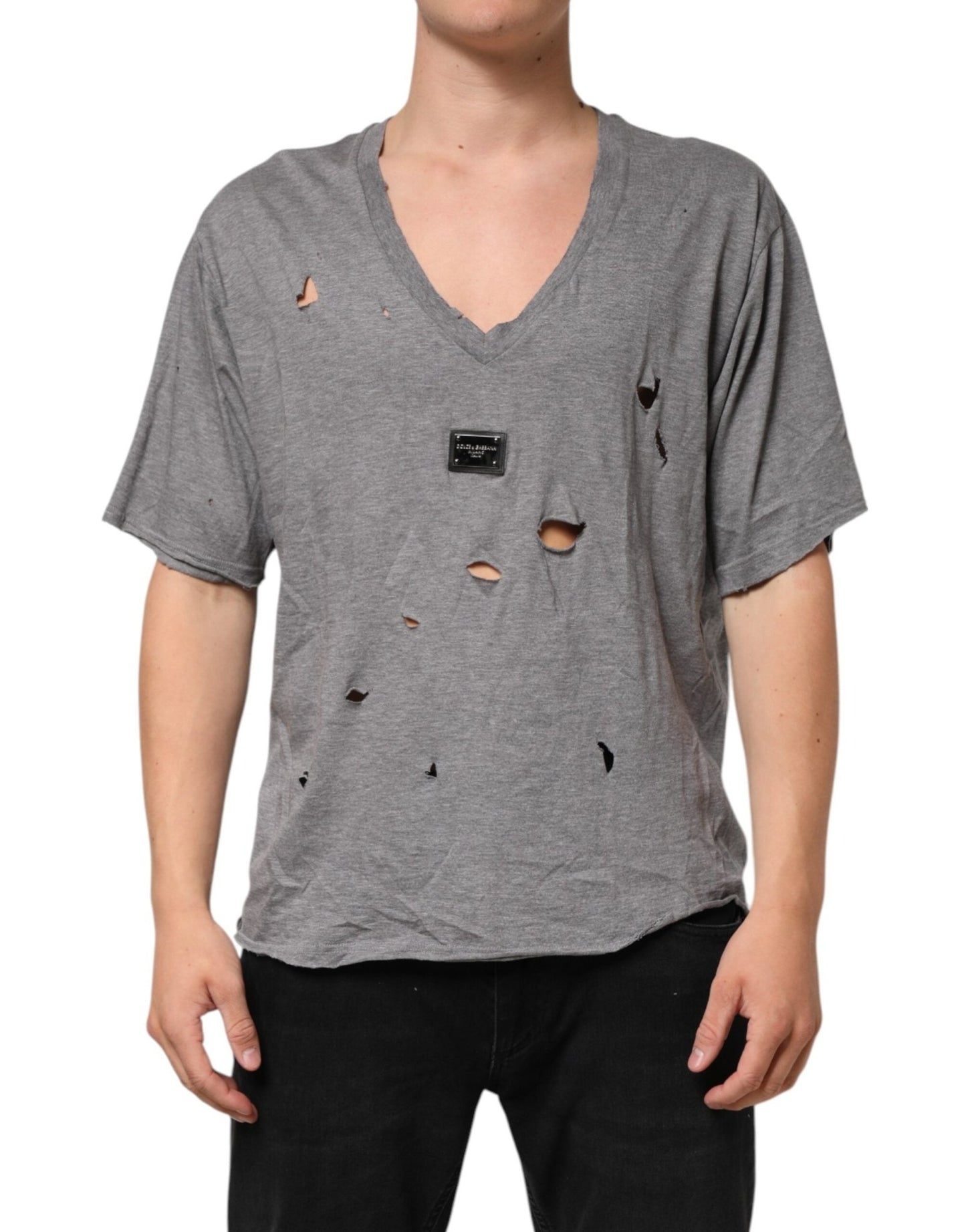 Dolce & Gabbana Gray Cotton Tattered Logo Patch Men T-shirt – IT52 | XL par Dolce & Gabbana | Disponible sur Sandy Store ByNet