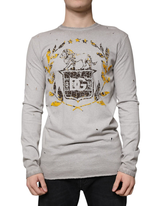Dolce & Gabbana Gray Printed Cotton Crewneck Pullover Sweater - Sandy Store ByNet