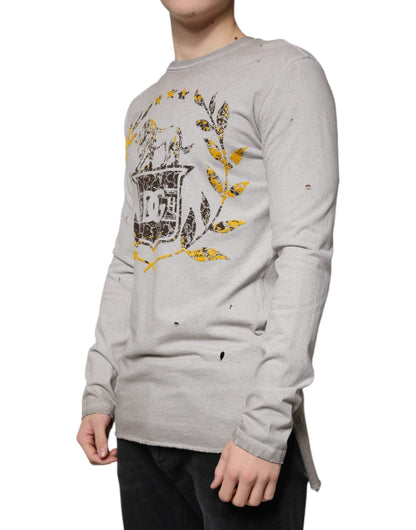 Dolce & Gabbana Gray Printed Cotton Crewneck Pullover Sweater - Sandy Store ByNet