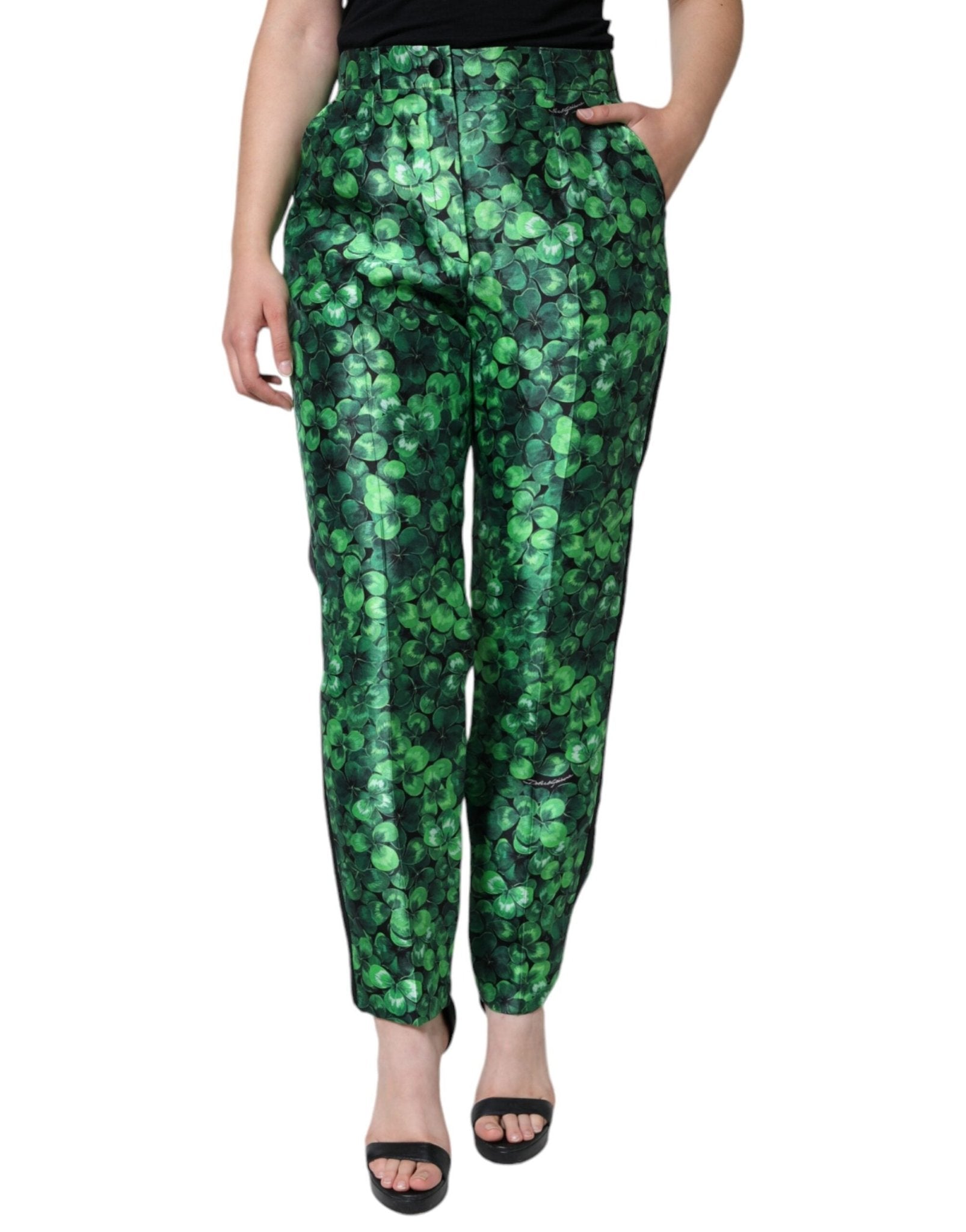 Dolce & Gabbana Green Clover Silk Satin High Waist Tapered Pants – IT44 | L par Dolce & Gabbana | Disponible sur Sandy Store ByNet