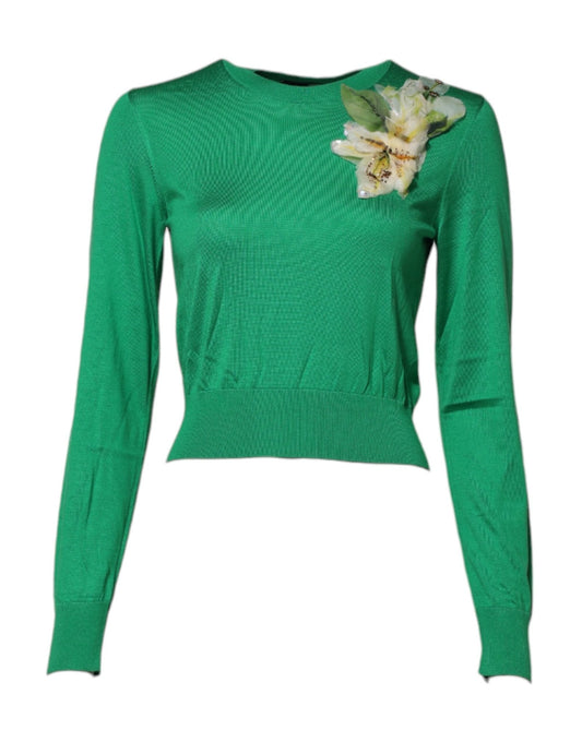 Dolce & Gabbana Green Floral Detailing Silk Pullover Sweater – IT38 | XS par Dolce & Gabbana | Disponible sur Sandy Store ByNet