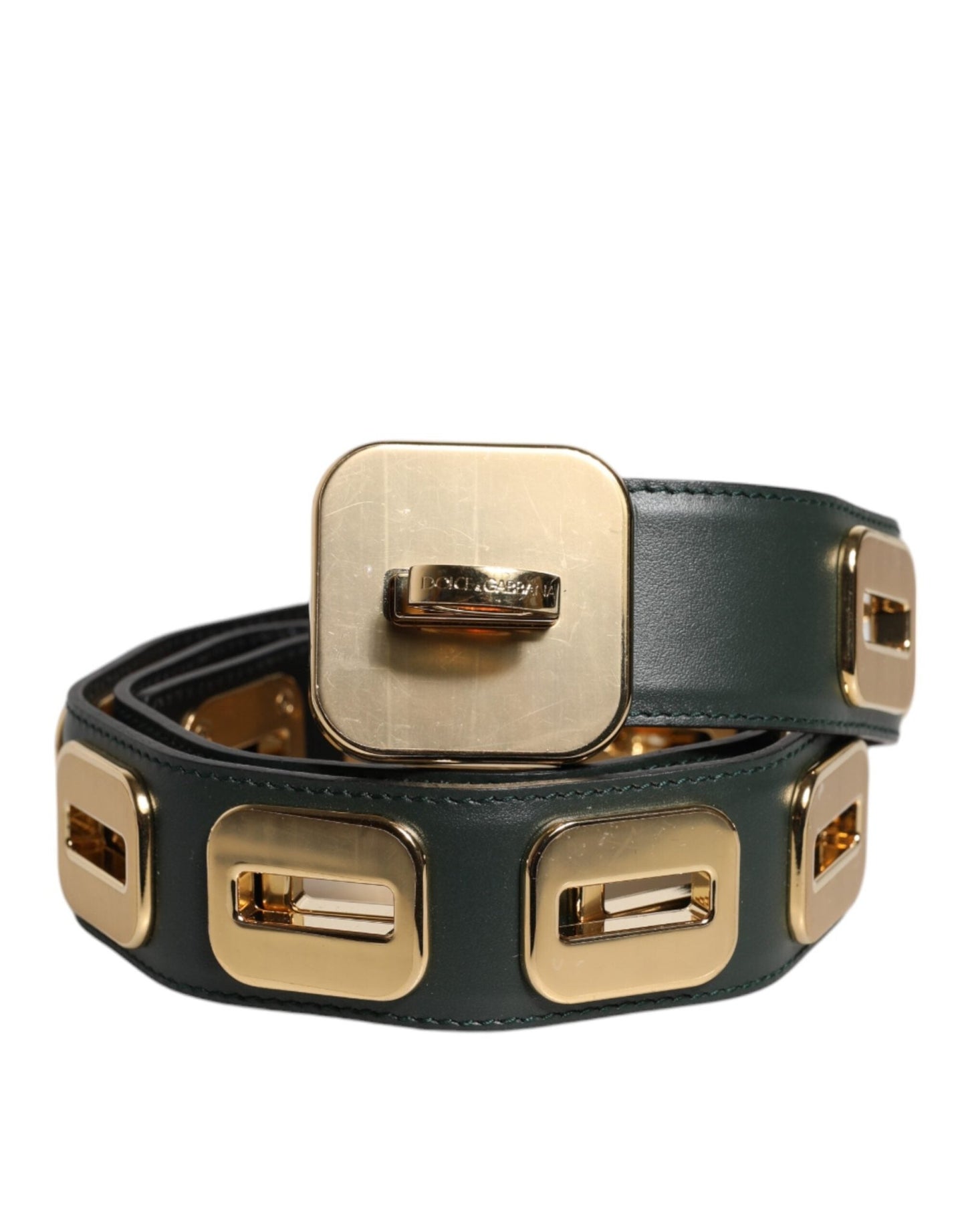 Dolce & Gabbana Green Leather Gold Tone Rotating Buckle Belt – 75 cm / 30 Inches par Dolce & Gabbana | Disponible sur Sandy Store ByNet