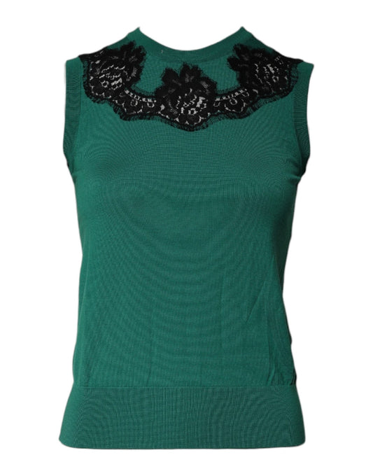 Dolce & Gabbana Green Wool Lace Detail Sleeveless Tank Top - Sandy Store ByNet