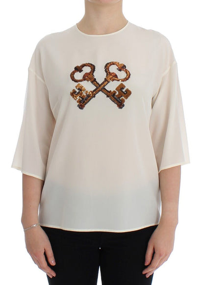 Dolce & Gabbana Ivory Sequined Silk Blouse Top - Sandy Store ByNet