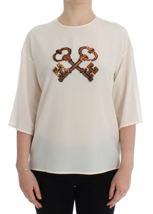 Dolce & Gabbana Ivory Sequined Silk Blouse Top - Sandy Store ByNet