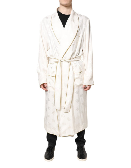 Dolce & Gabbana Ivory Silk Logo Men Wrap Robe Coat Jacket - Sandy Store ByNet