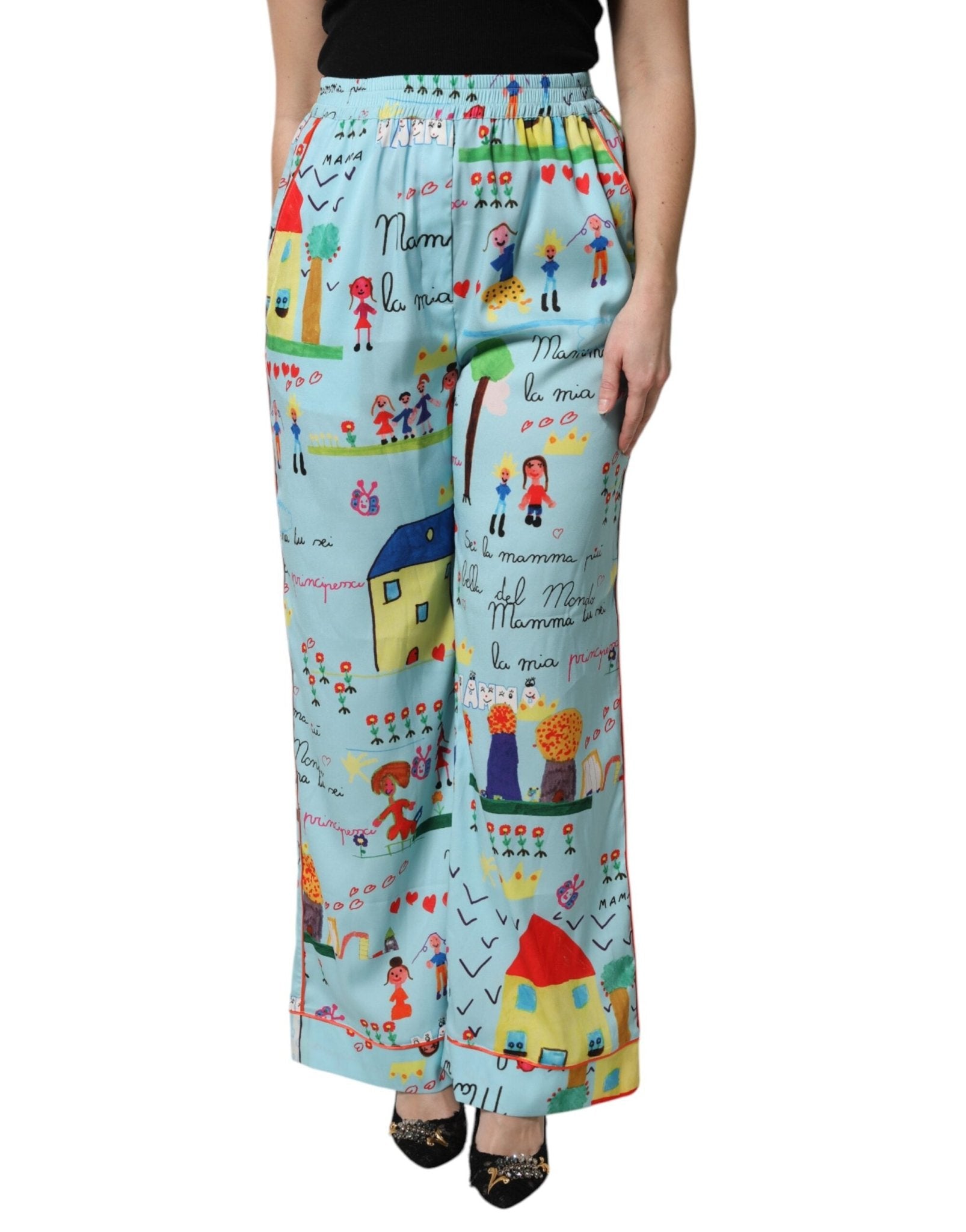 Dolce & Gabbana Light Blue Drawing Mid Waist Wide Leg Pants - Sandy Store ByNet