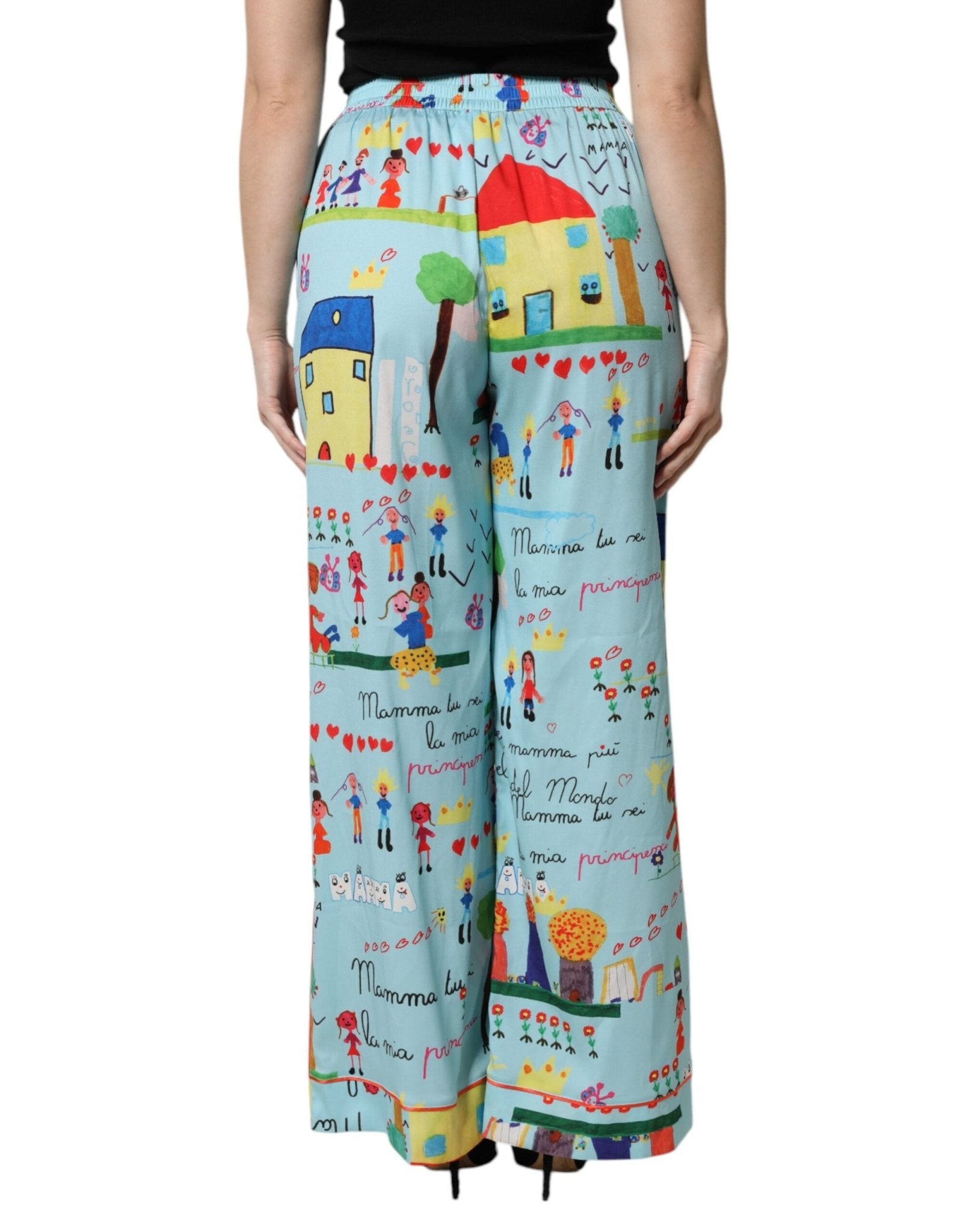 Dolce & Gabbana Light Blue Drawing Mid Waist Wide Leg Pants - Sandy Store ByNet