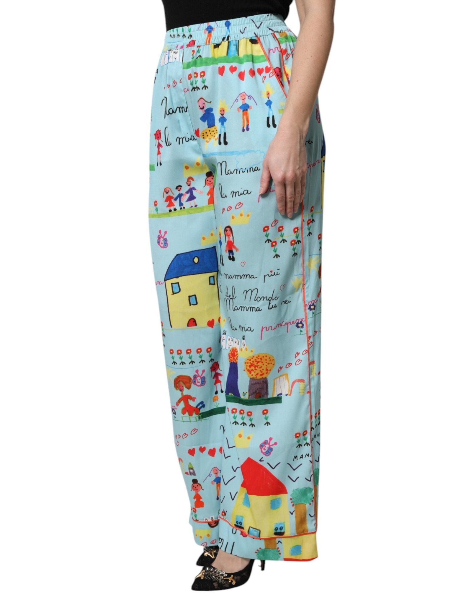 Dolce & Gabbana Light Blue Drawing Mid Waist Wide Leg Pants - Sandy Store ByNet