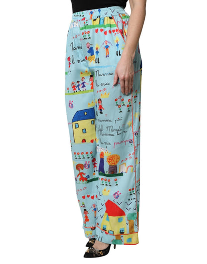 Dolce & Gabbana Light Blue Drawing Mid Waist Wide Leg Pants - Sandy Store ByNet