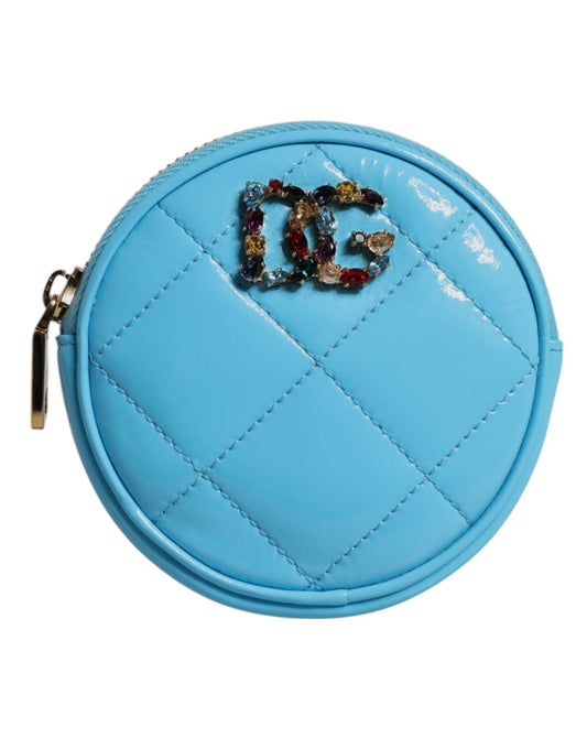 Dolce & Gabbana Light Blue Lamb Leather DG Crystal Round Coin Purse Wallet - Sandy Store ByNet