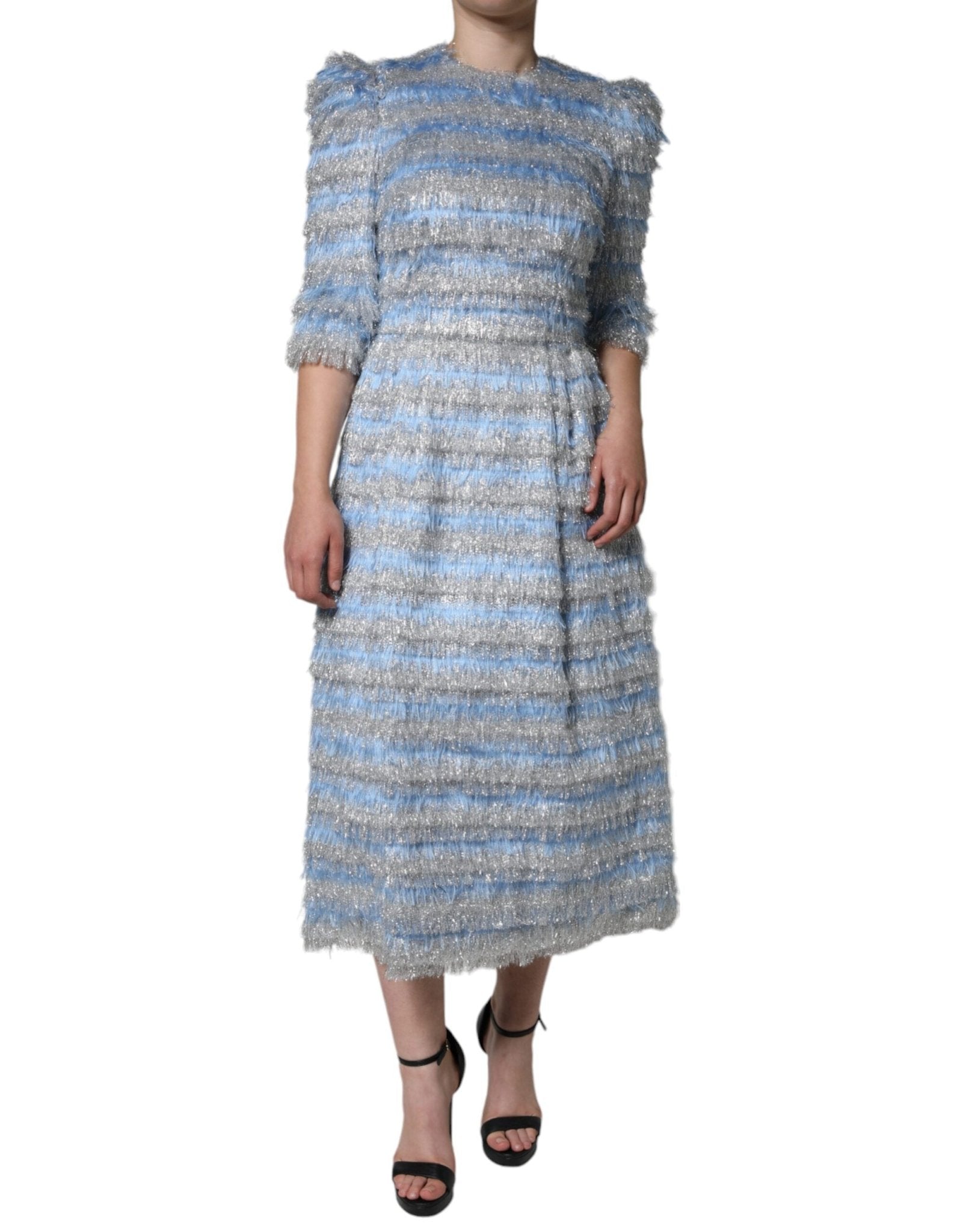 Dolce & Gabbana Light Blue Silver Jacquard A - line Midi Dress - Sandy Store ByNet