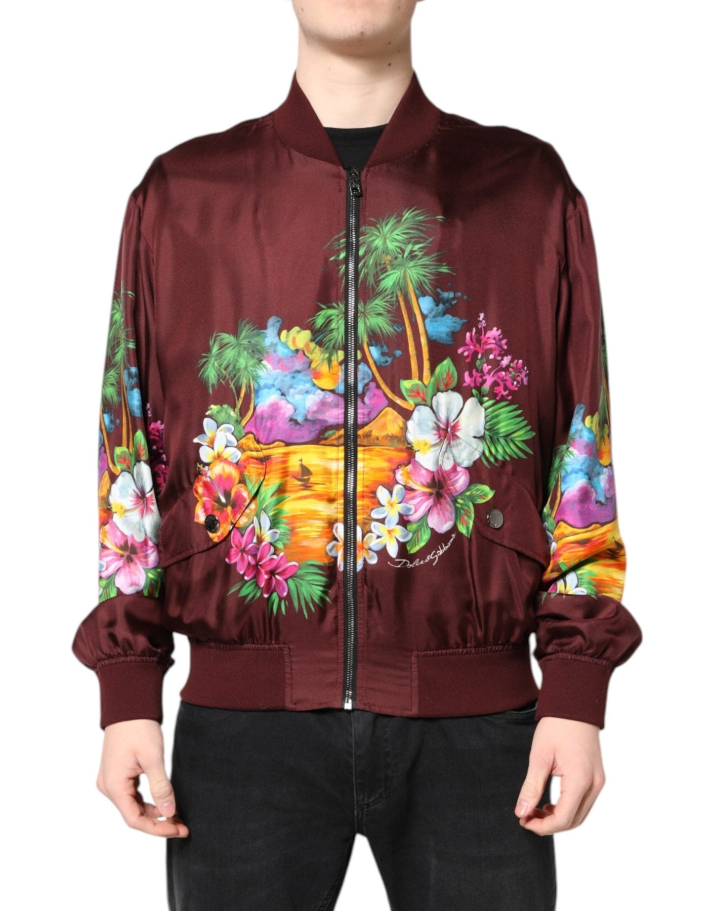 Dolce & Gabbana Maroon Floral Print Full Zip Bomber Jacket – IT46 | S par Dolce & Gabbana | Disponible sur Sandy Store ByNet